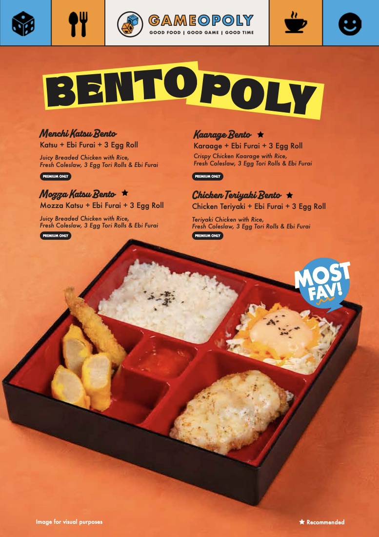 Halaman Bentopoly dari paket ulang tahun Gameopoly — Menchi Katsu, Kaarage, Mozza Katsu dan Chicken Teriyaki Bento, masing-masing dengan nasi, coleslaw, 3 egg roll dan ebi furai.