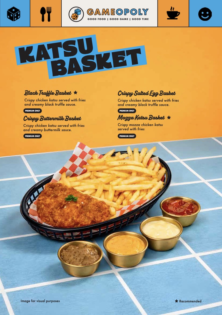 Halaman Katsu Basket dari paket ulang tahun Gameopoly — Black Truffle, Crispy Salted Egg, Crispy Buttermilk dan Mozza Katsu Basket, disajikan dengan fries.