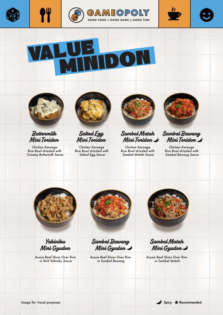 Halaman Value Minidon dari paket ulang tahun Gameopoly — Mini Toridon buttermilk, salted egg, sambal matah dan sambal bawang, serta Mini Gyudon yakiniku, sambal bawang dan sambal matah.