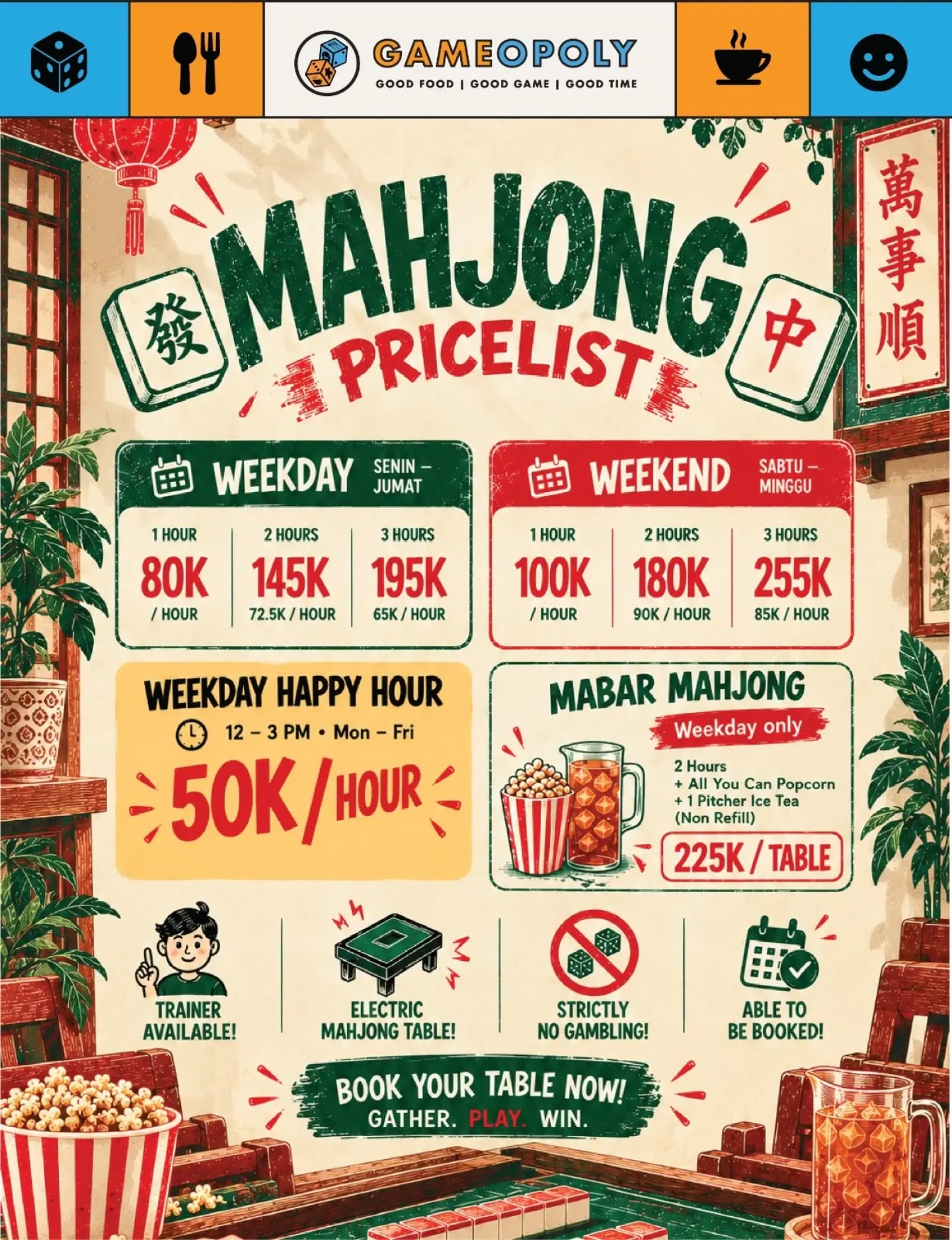 Pricelist mahjong Gameopoly — weekday Rp 80.000 per jam, weekend Rp 100.000 per jam, paket 2 dan 3 jam, Weekday Happy Hour Rp 50.000 per jam pukul 12:00–15:00, dan paket Mabar Mahjong Rp 225.000 per meja.